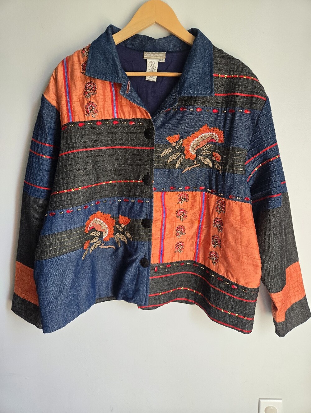 COLDWATER CREEK Patchwork Embroidered & Embellished Button-Front Cotton Jacket